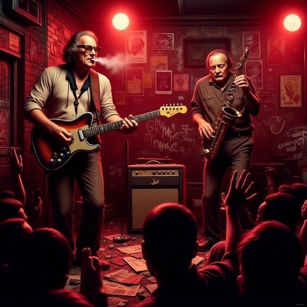 Live Music Duo on Urban Nightclub Stage in Noir Style