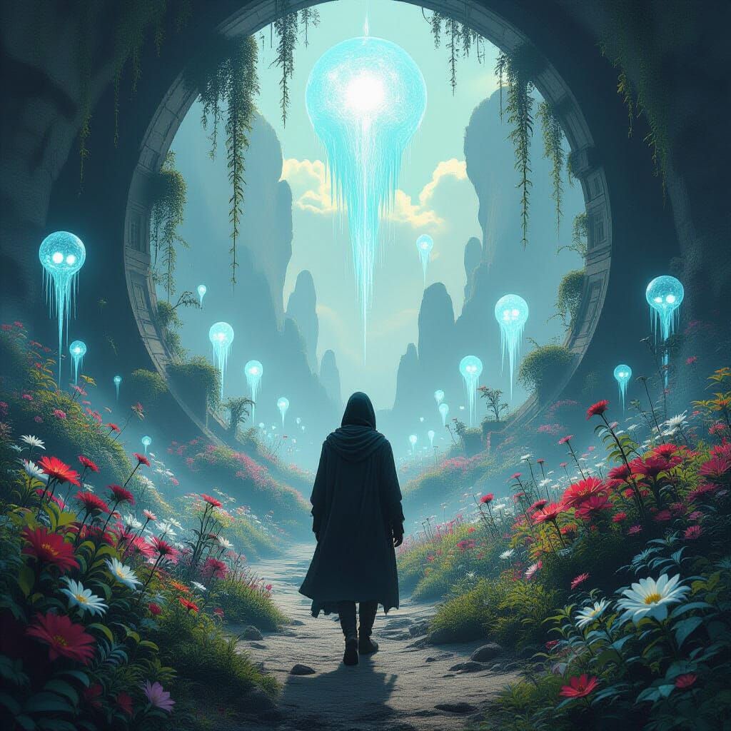 Visionary Wanderer Enters Ethereal Landscape