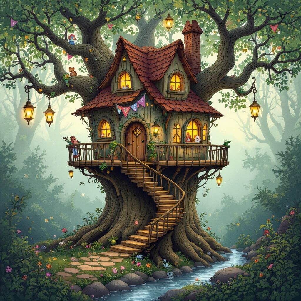 Enchanted Forest Treehouse in Fairytale Illustration Style