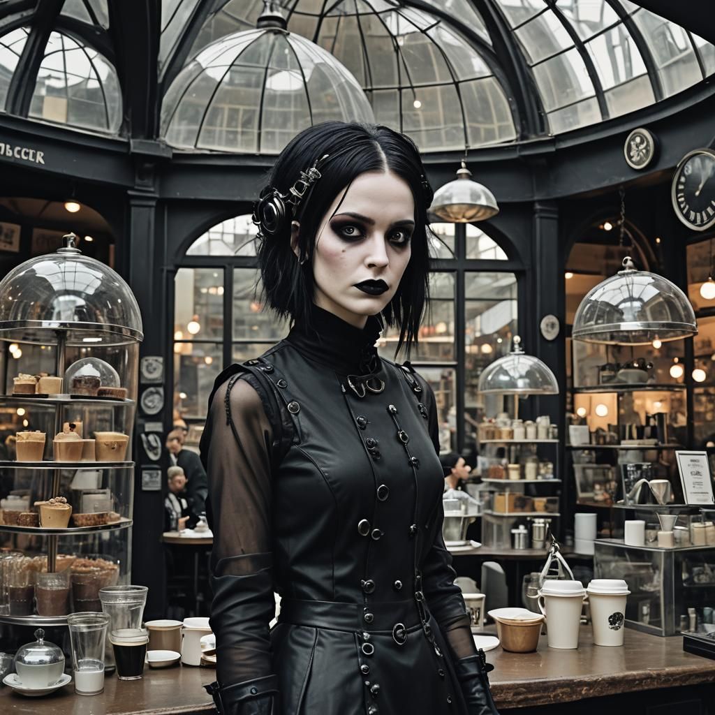 Gothic Model in Dystopian Coffee Shop Scene