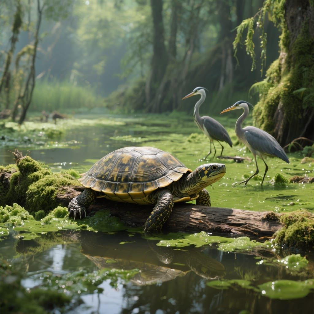 Turtle Sunning on Log in Vibrant Swamp Scene