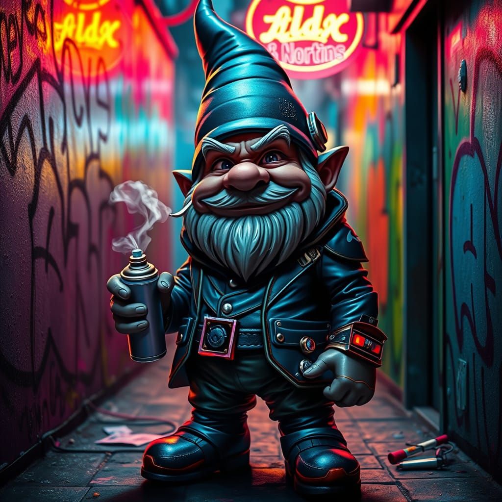 Gnome Graffiti Artist in Cyberpunk Alleyway