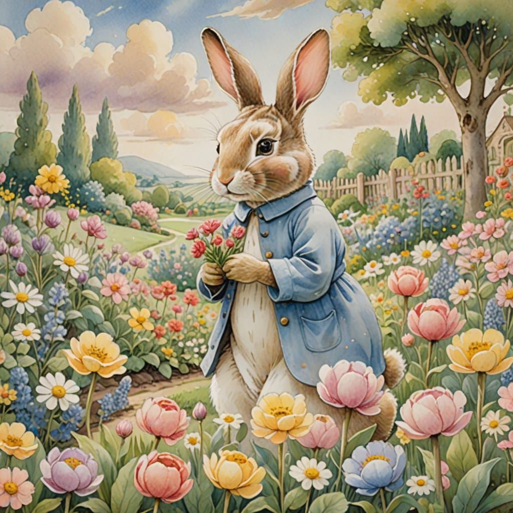 Whimsical Bunny Gardener in Watercolor Style