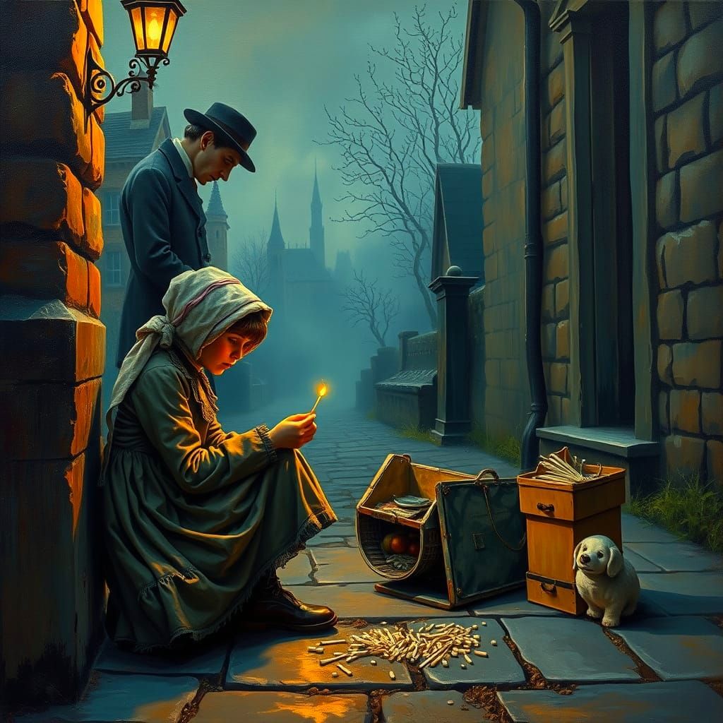 Victorian Girl Lighting Matches on Snowy Christmas Street