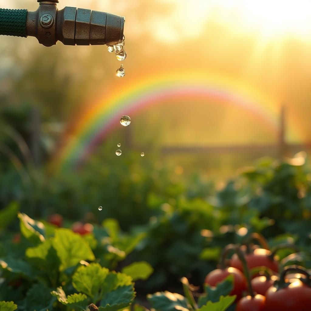Rainbow Sprinkler Showers Garden in Dreamlike Illustration