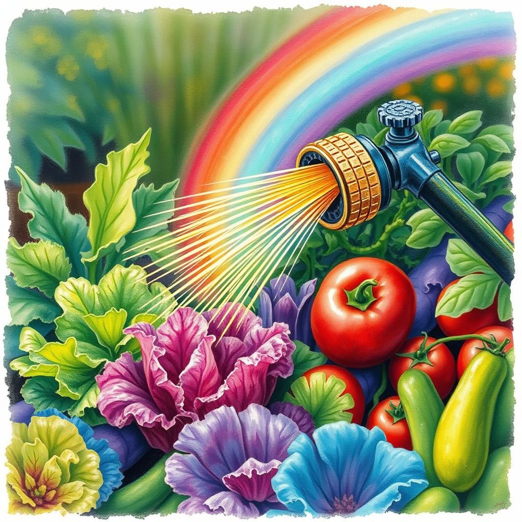 Rainbow Sprinkler Nourishes Vibrant Vegetable Garden