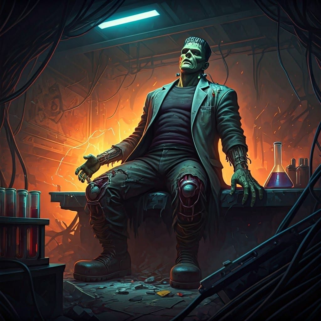 Frankenstein's Monster Awakens in Retro Sci-Fi Lab