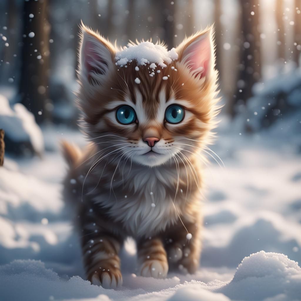 Cute Kitten's Winter Frolic: Detailed Fantasy Art