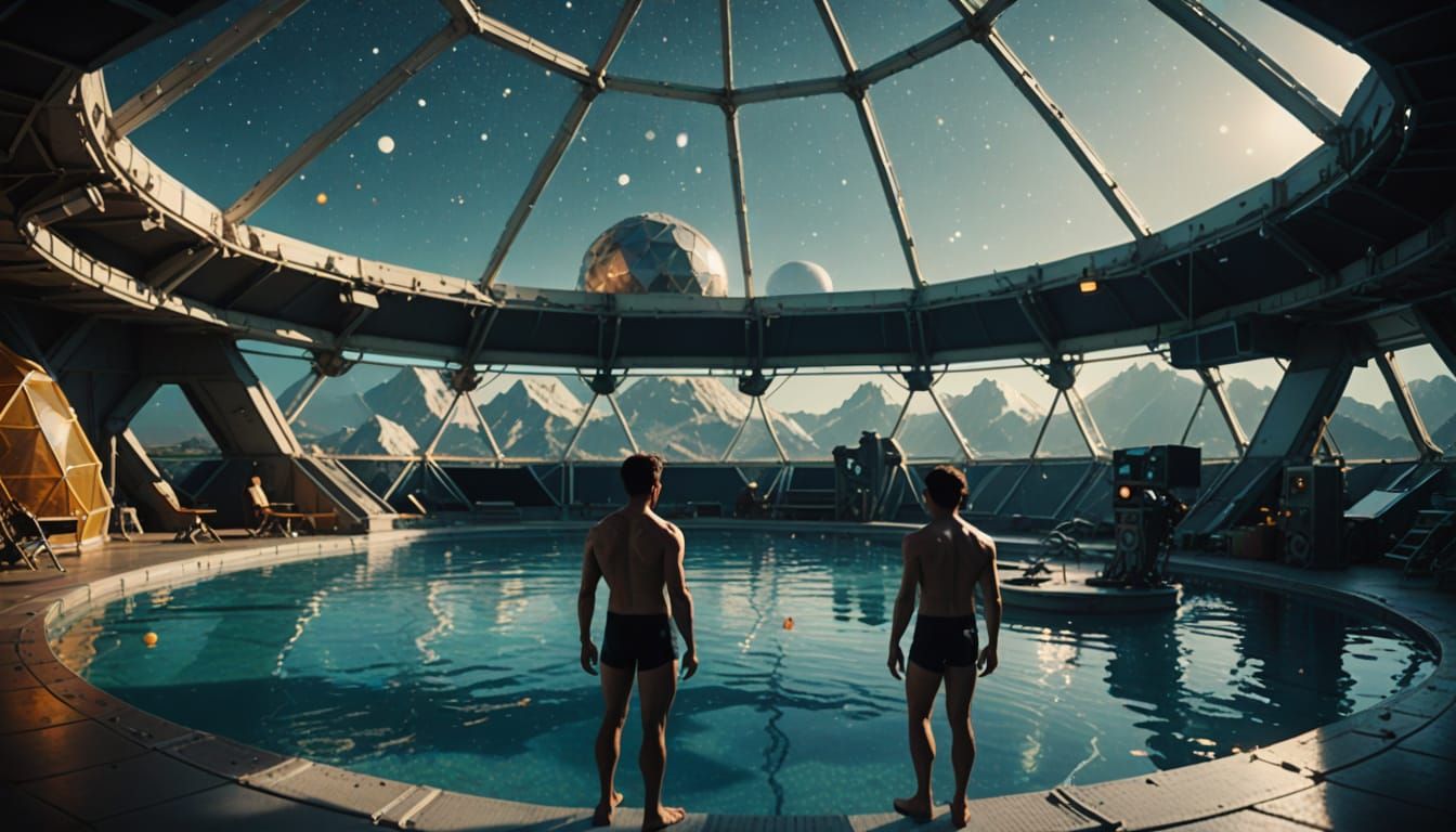 Epic Moonlit Swimming Pool Scene in Retro-Futuristic Style