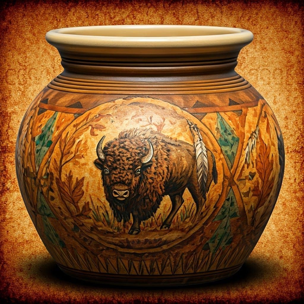 Native American Ceramic Jar with Bison and Autumn