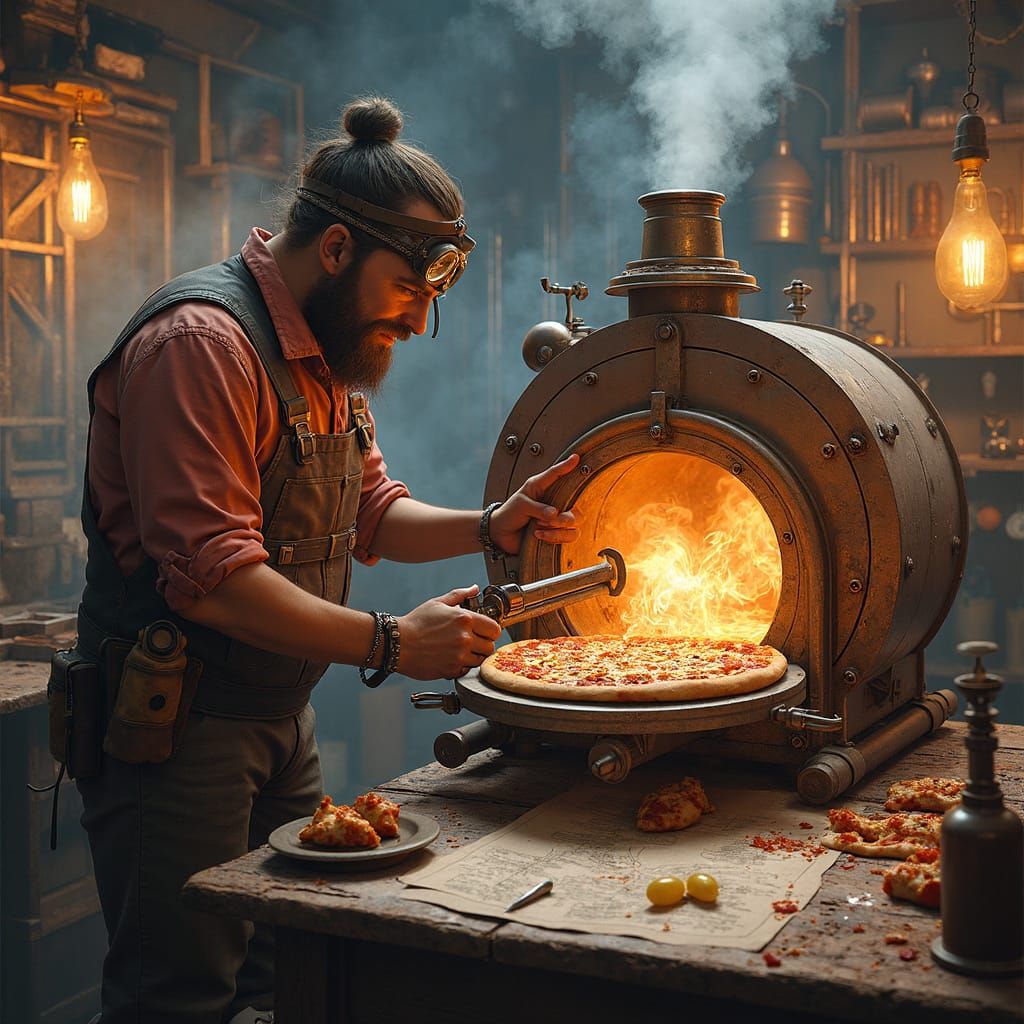 Steampunk Inventor's Pizza Machine: Fantasy Concept Art