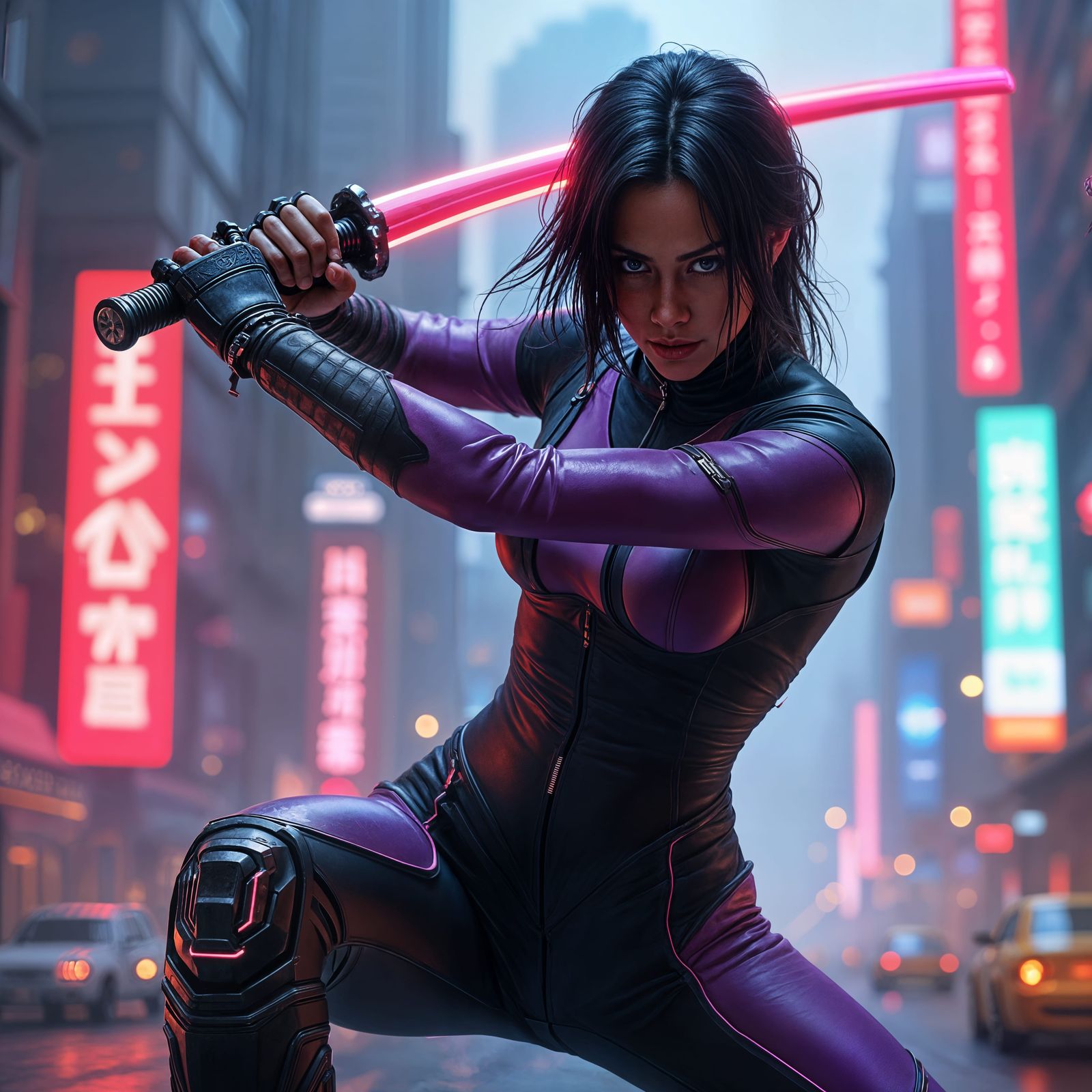 Cyberpunk Fencer with Neon Katana in Detailed Painting