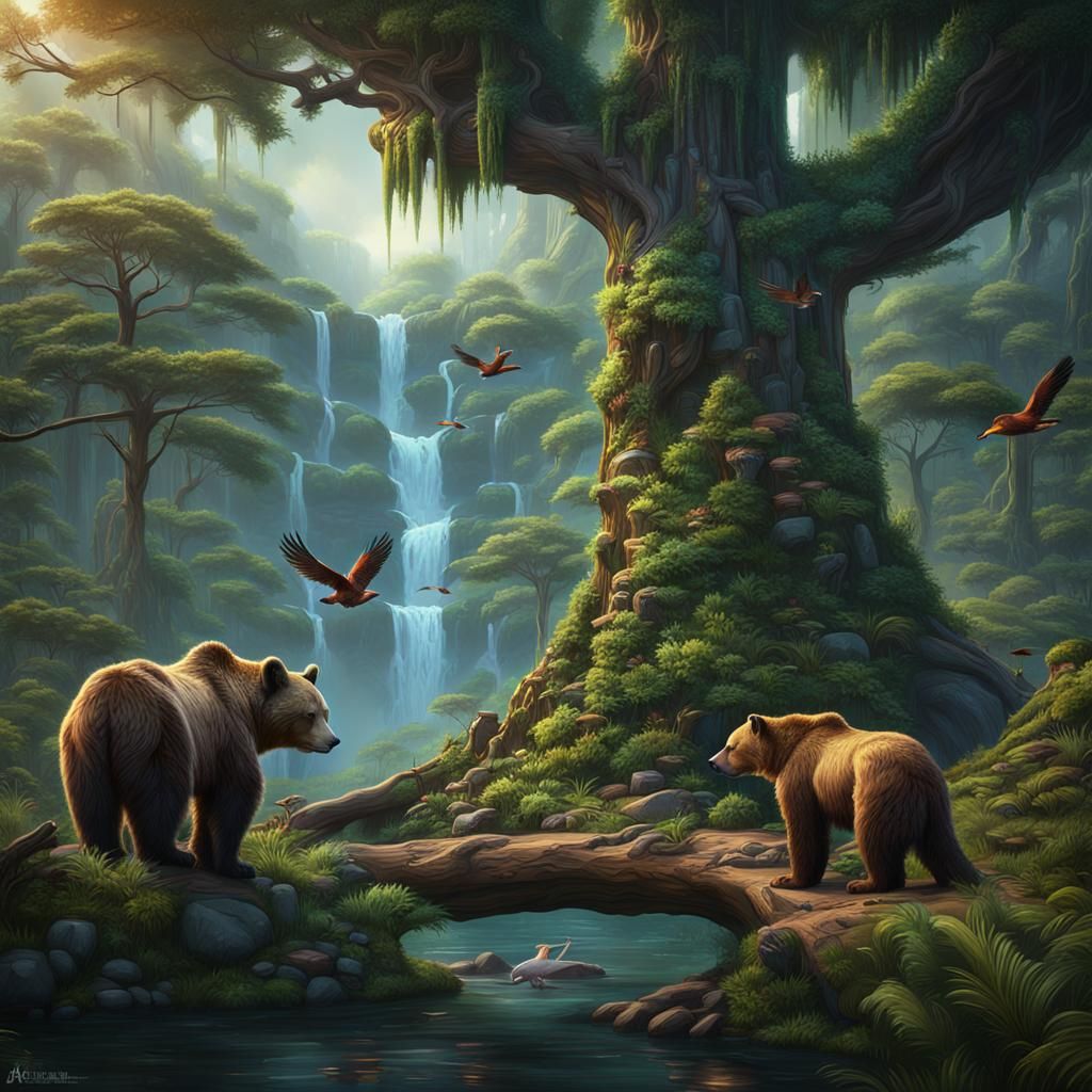 Lush Rainforest Ecosystem with Wildlife in Detailed Painting