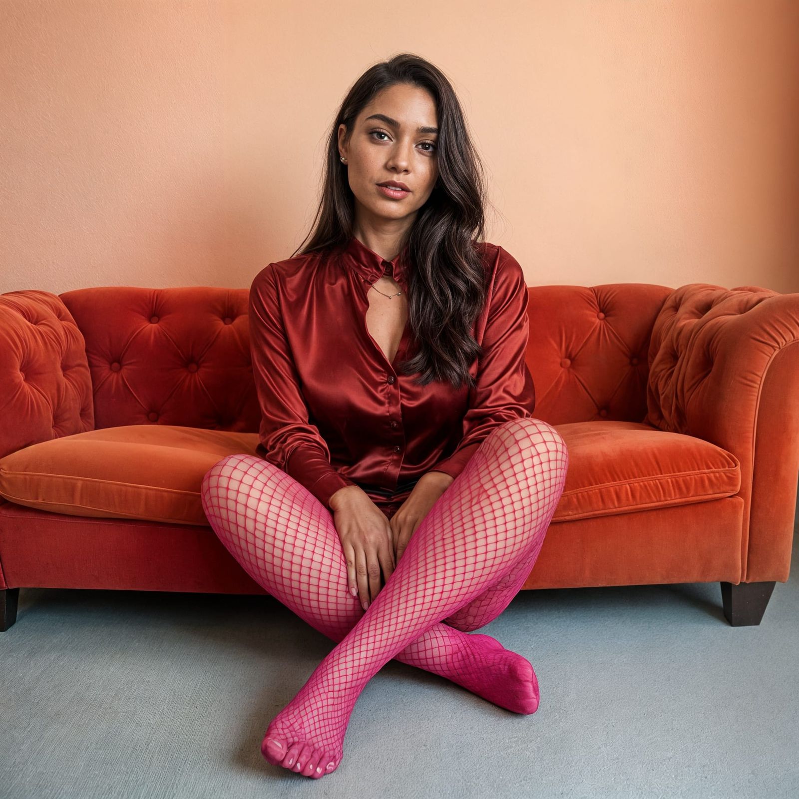 Woman in Crimson Blouse and Pink Stockings on Velvet Couch