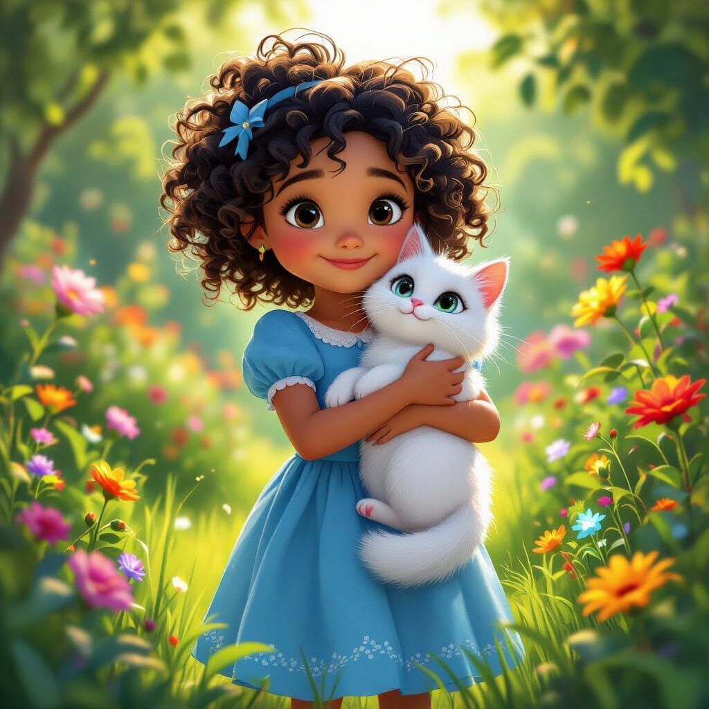 Girl, Cat, and Jewel in a Vibrant 3D Pixar Garden