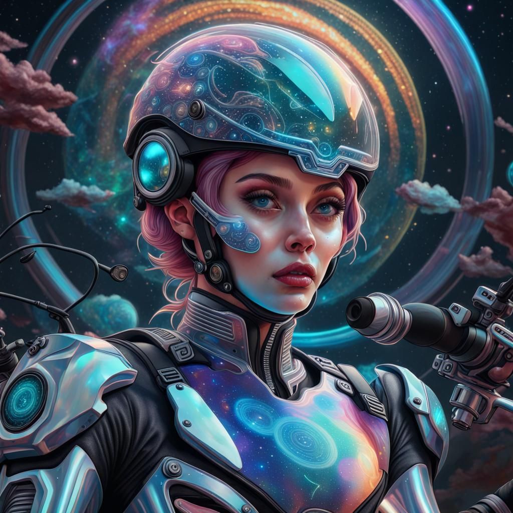 Cosmic Astral Figures with Bikes in Mixed Media