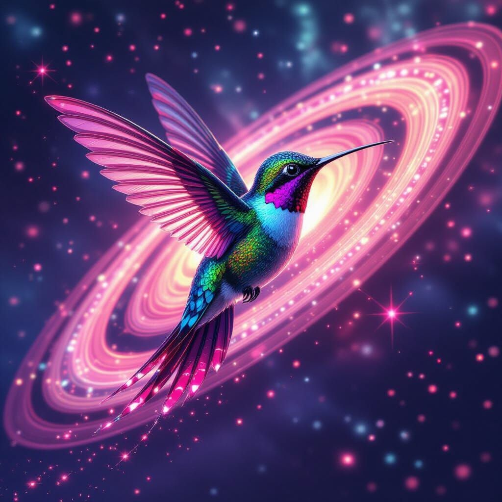 Ruby Hummingbird Soaring Through Neptune Rings