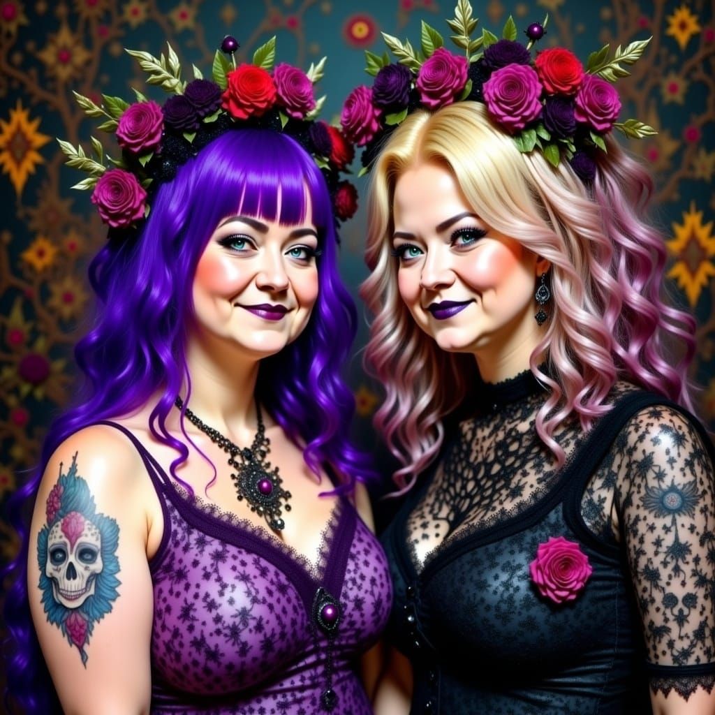 Gothic Punk Sisters Creating Art in Digital Style