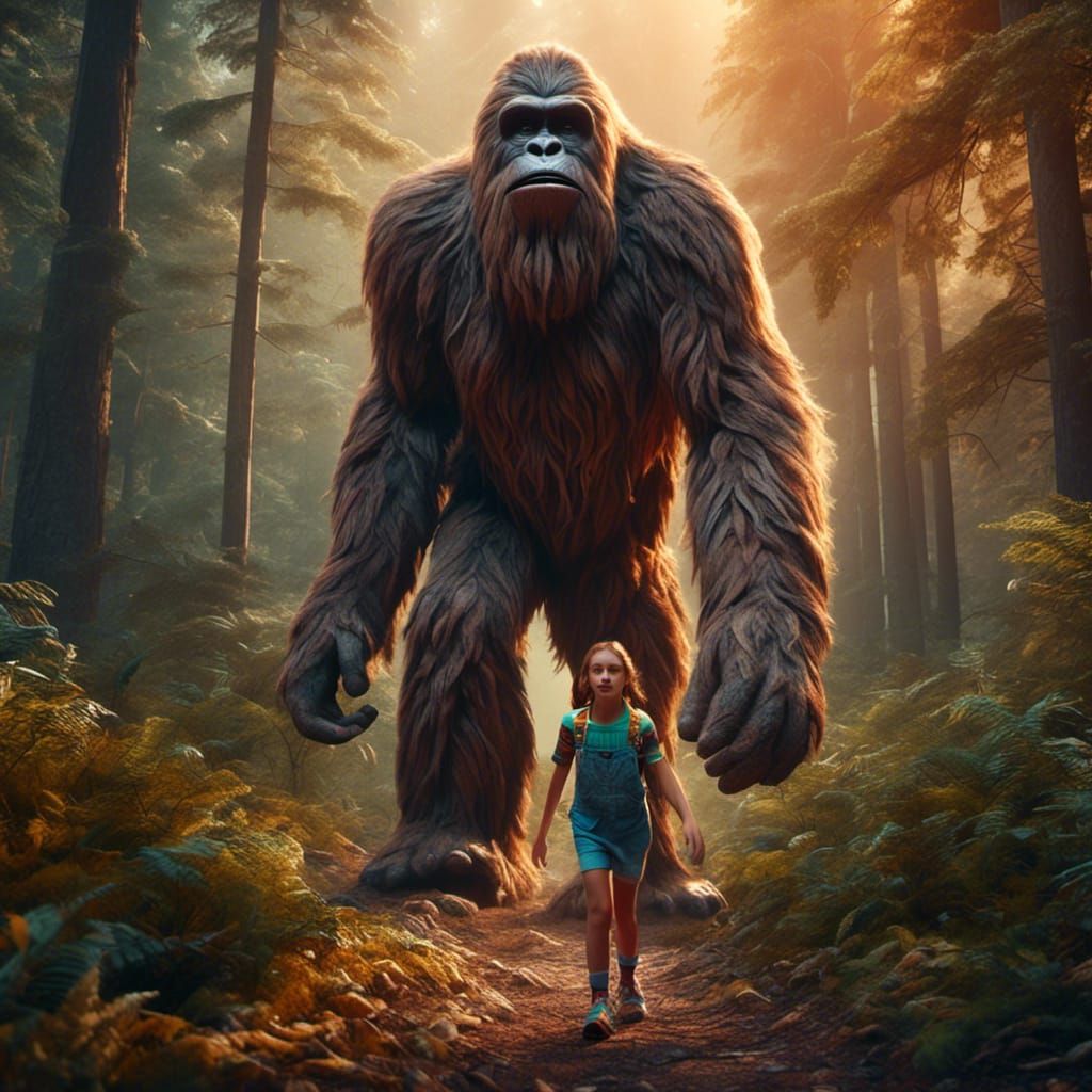 Girl and Bigfoot Walking Hand-in-Hand, Hyperrealistic Art