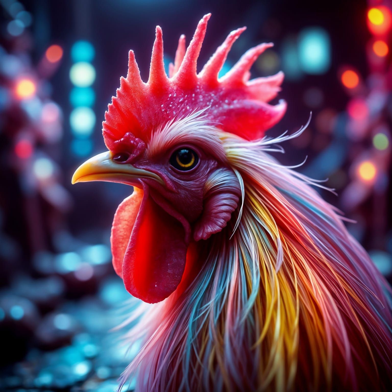Surreal Macro Rooster in Neon Dreamscapes