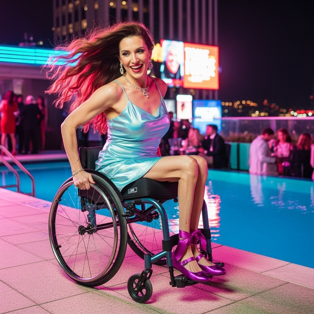 Retro-Glam Woman Dancing on Neon Skyscraper Rooftop