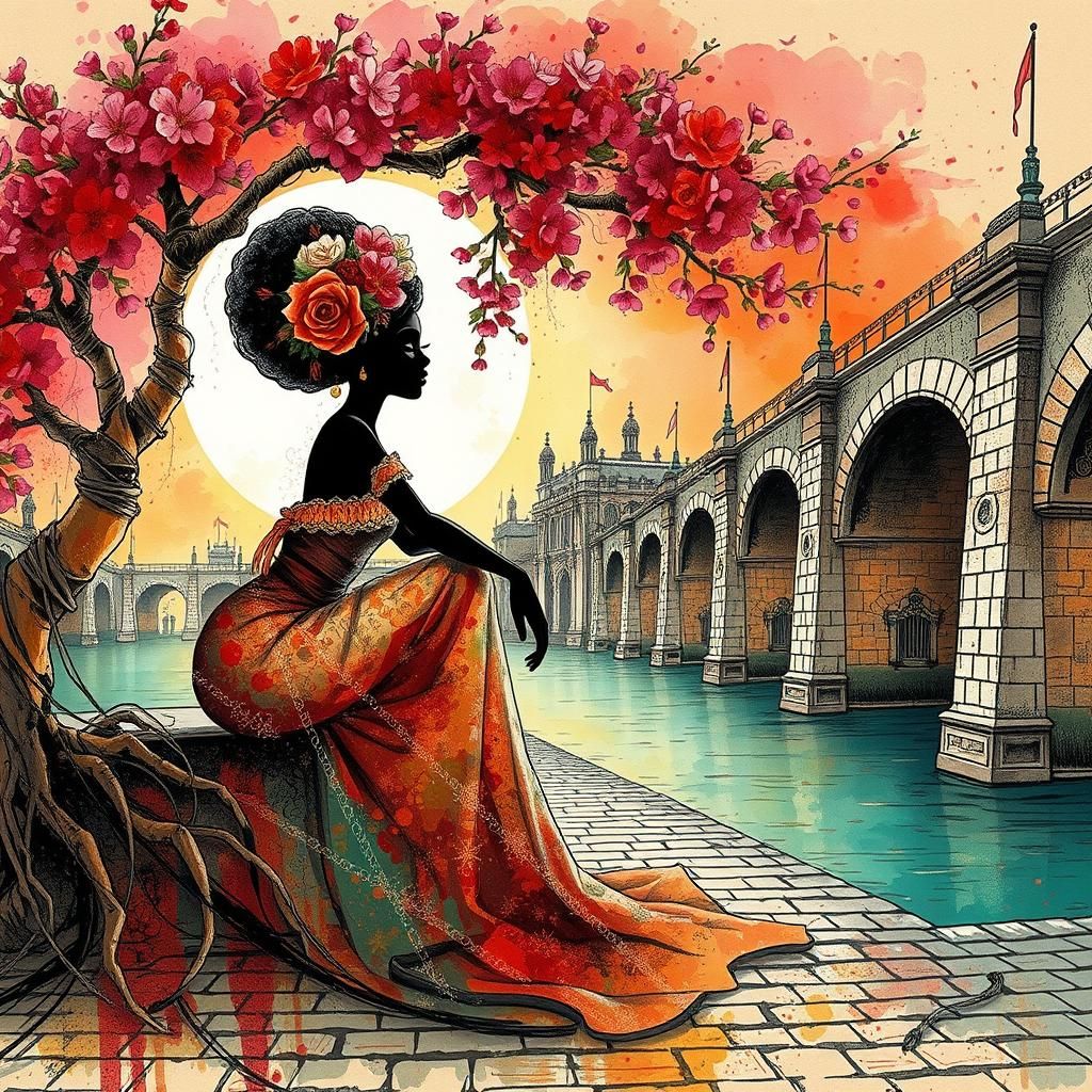 Stunning woman sitting, of red yellow green and brown cobblestone ancient river bridge background, cherry blossom tree, ...
