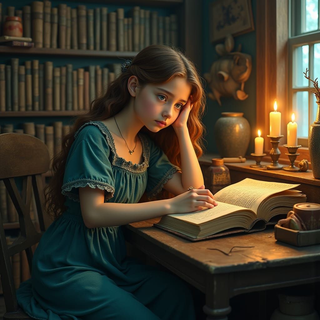 Girl Reading in Mystical Library, Atmospheric Illustration