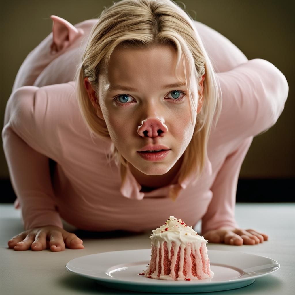 Human-Pig Hybrid Girl Eating Cake Portrait