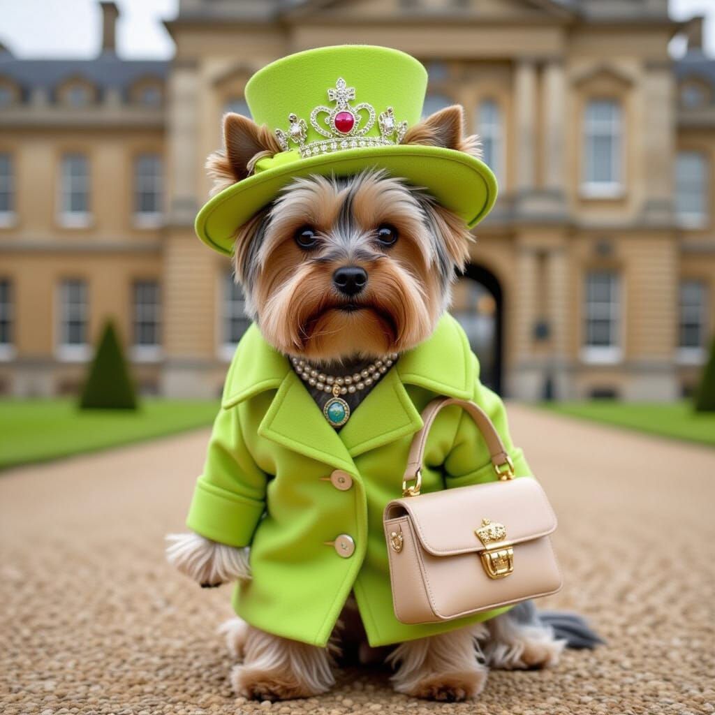 Yorkshire Terrier Queen with Lime Hat at Buckingham Palace