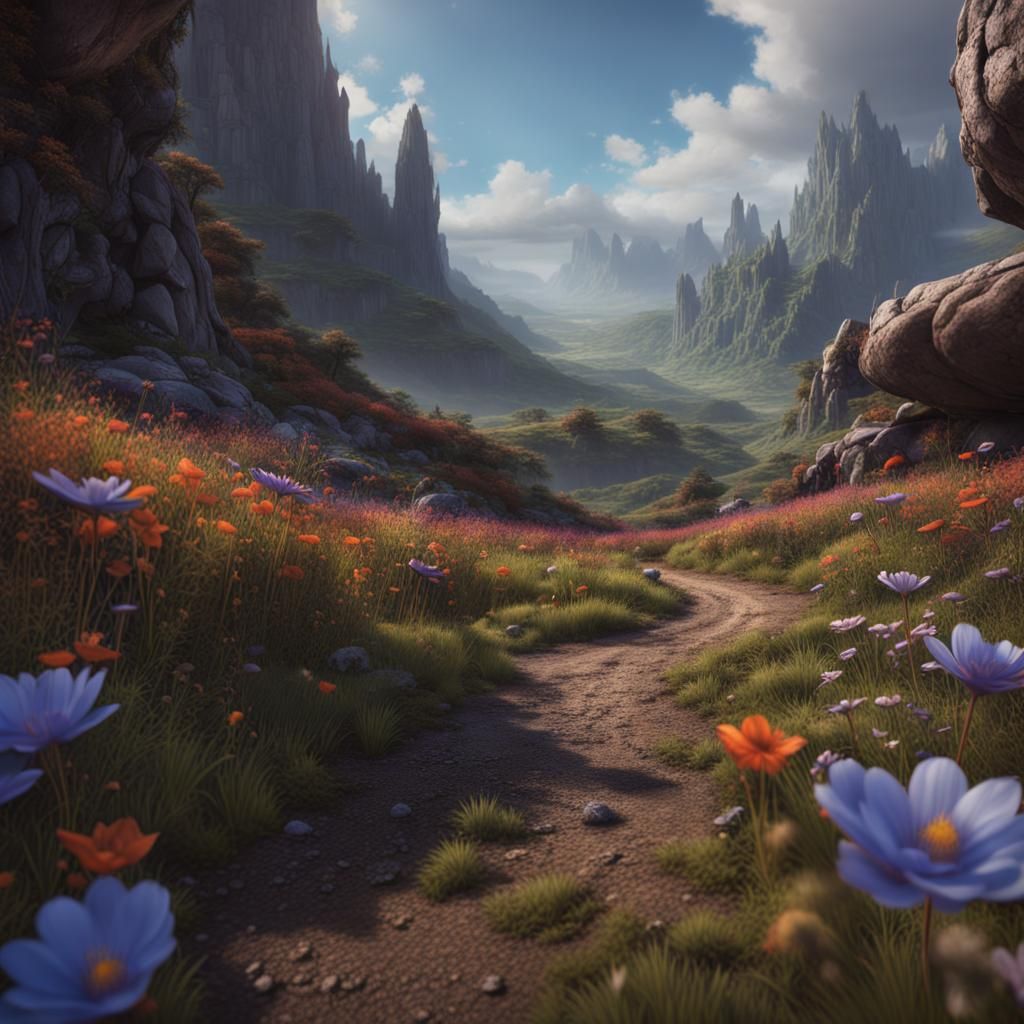 Fragile Flower on Rugged Road: Detailed Matte Painting