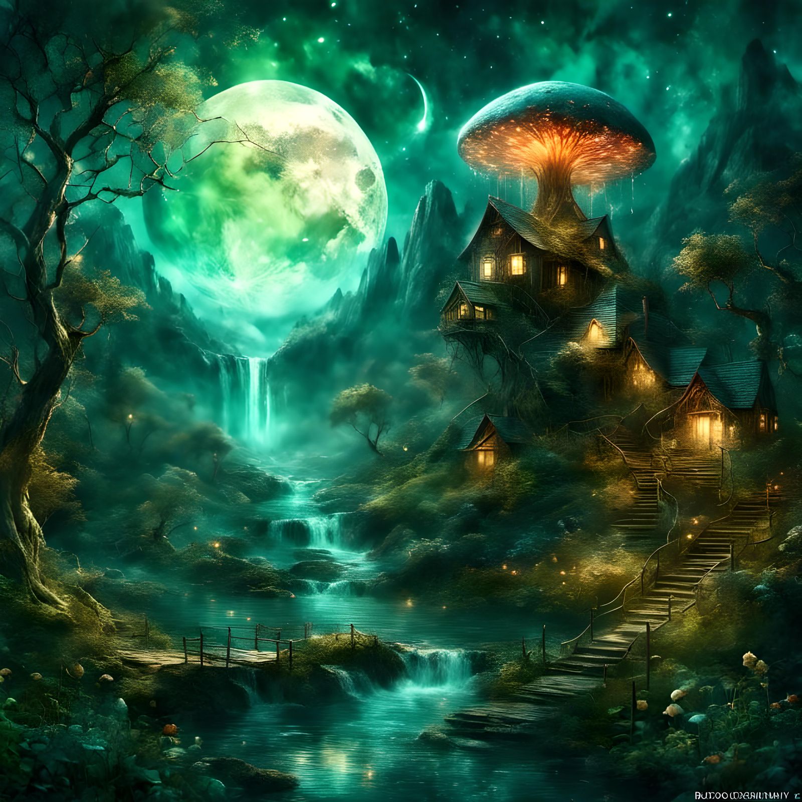 Moonlit Aurora Serenity Forest with Toadstool House