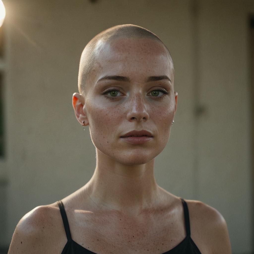 Confident Bald Woman with Silver Piercings in Cinematic Styl...
