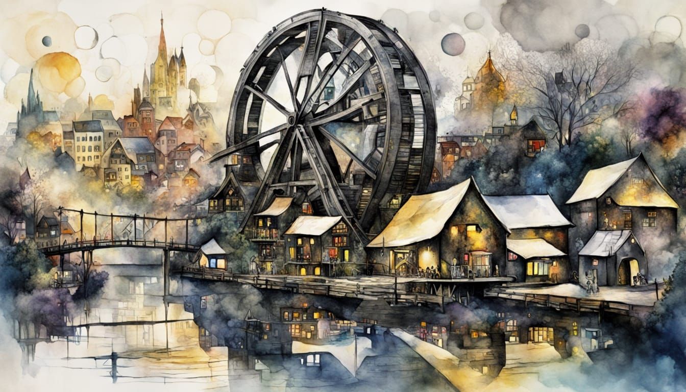 A giant fantasy waterwheel
