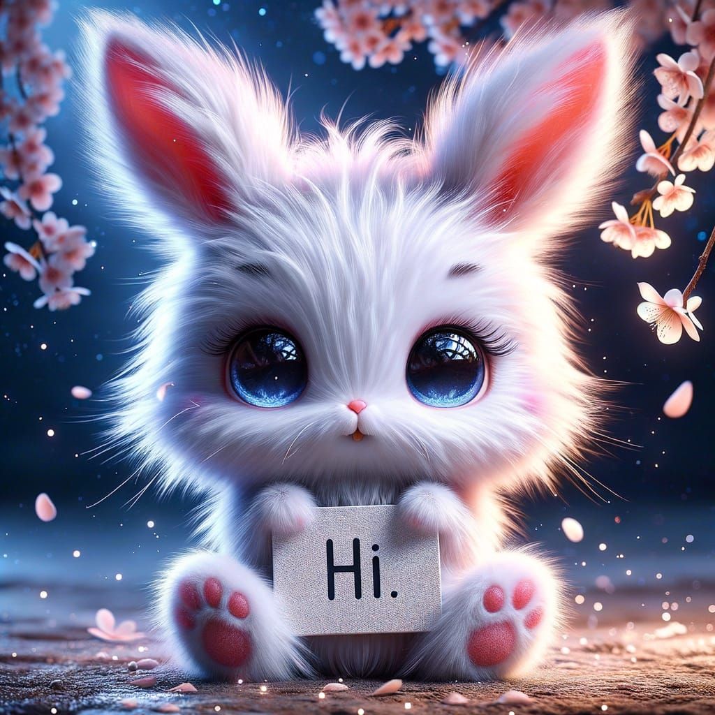 Cute Bunny Holding 'Hi' Sign with Twinkling Lights