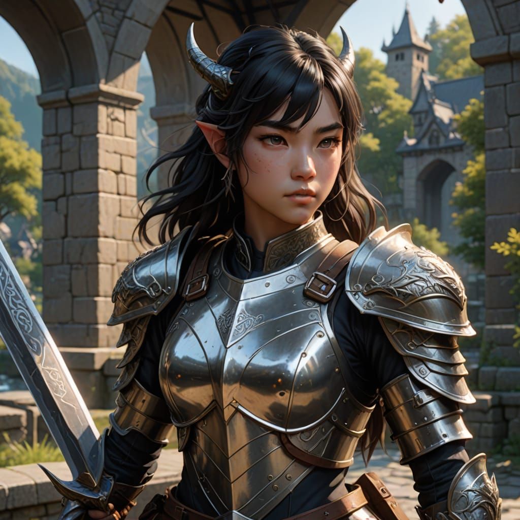 Dragonborn Fighter Guards Bridge in 3D Anime Art