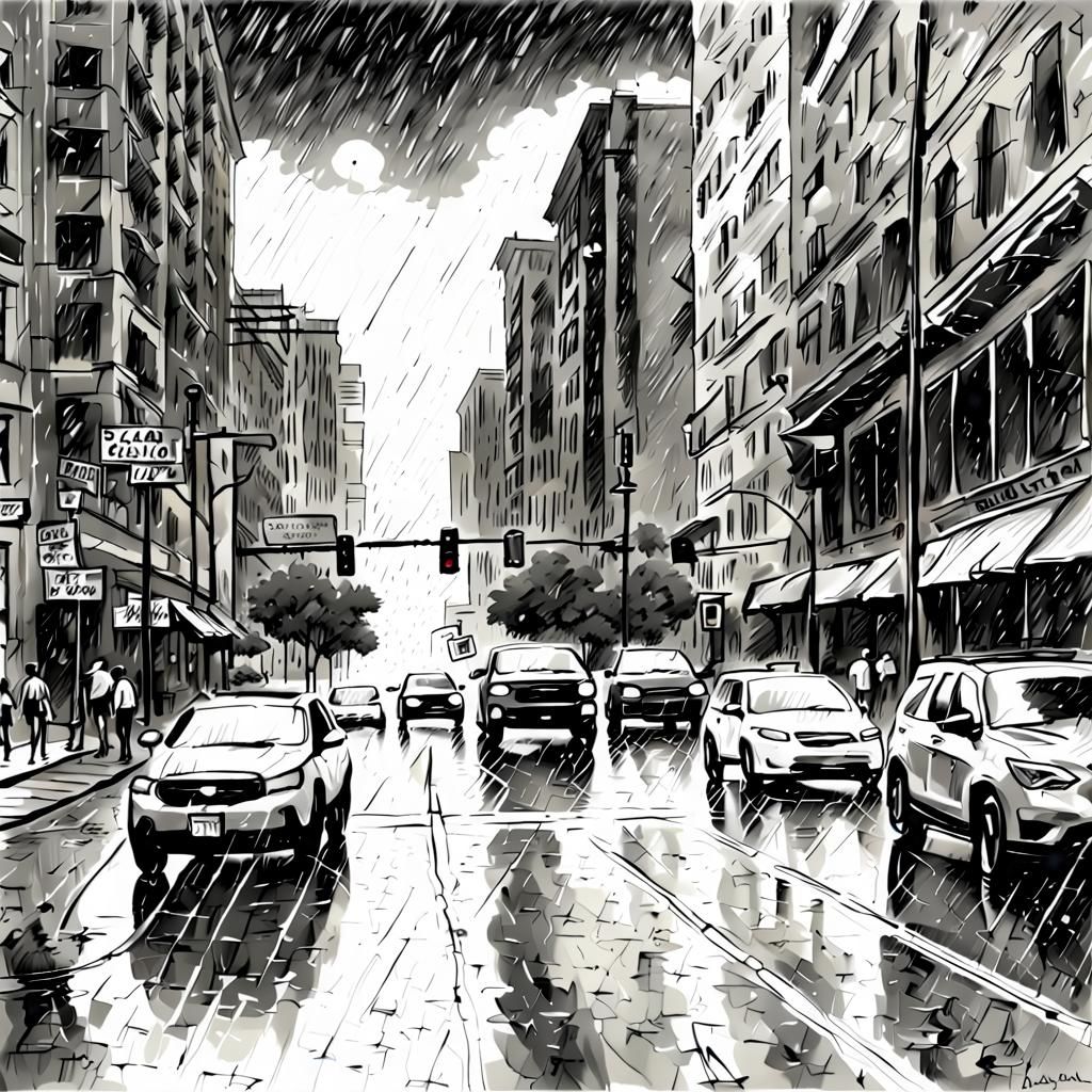 Austin Street in Rain: Charcoal Line Art