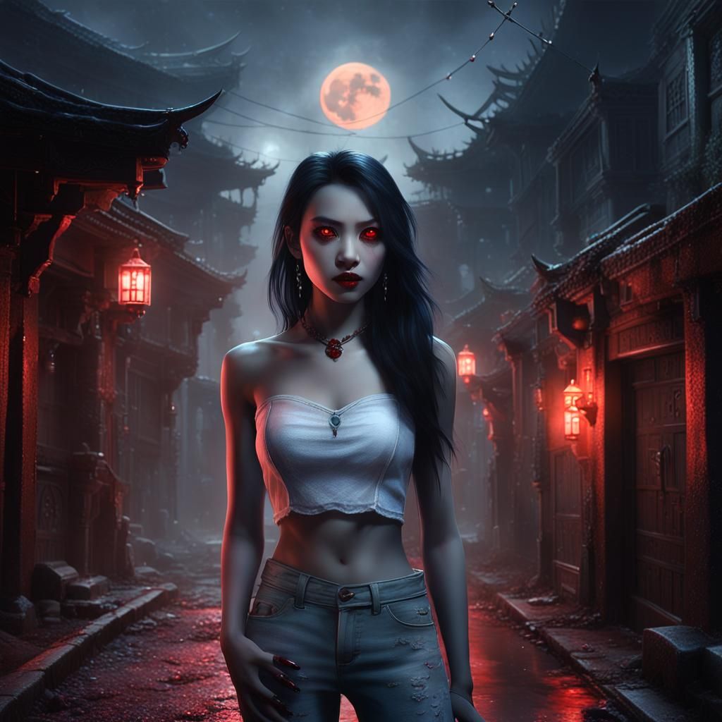 Chinese Vampire in Misty Alleyway: Fantasy Concept Art