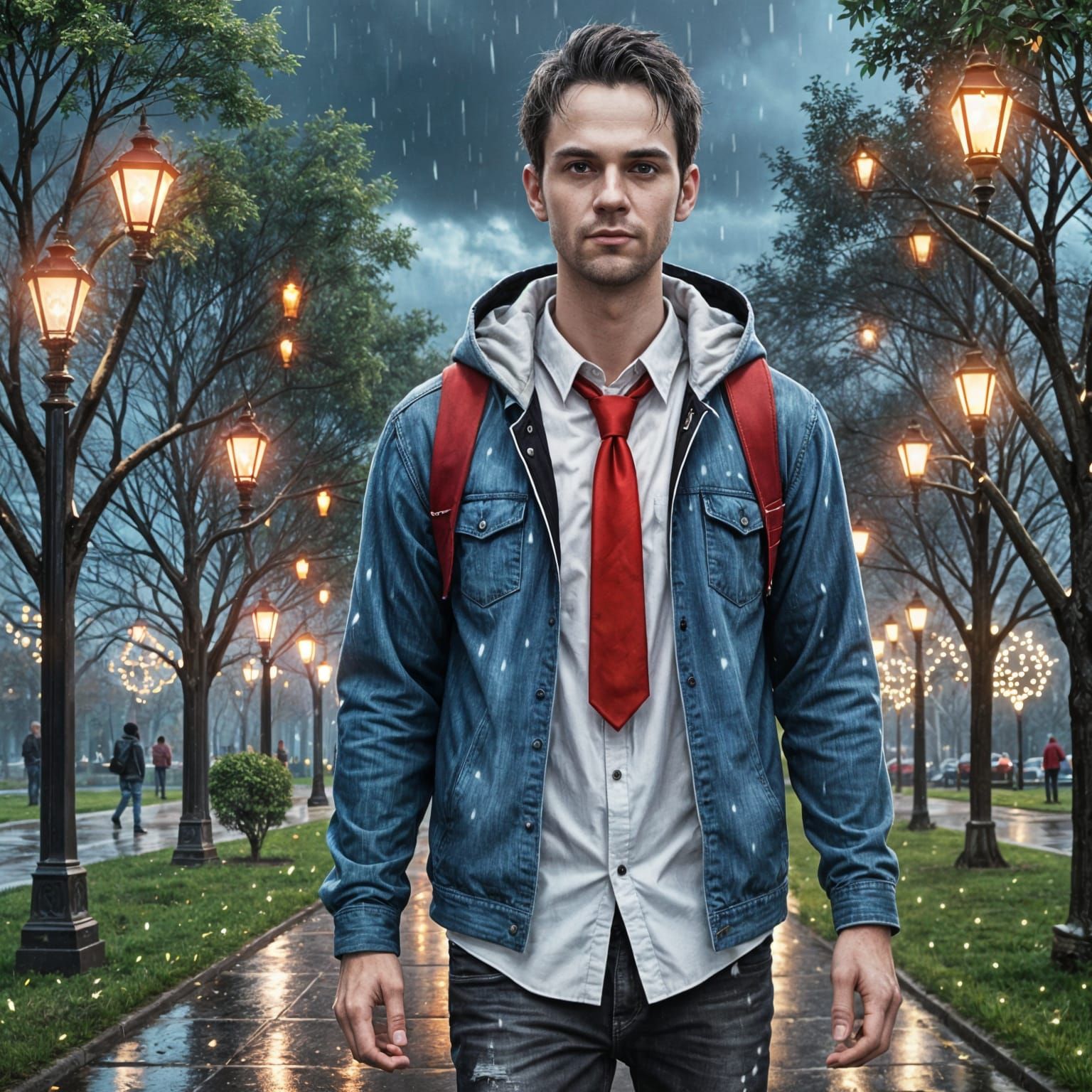 Man Walking in Rainy Park with Christmas Lights