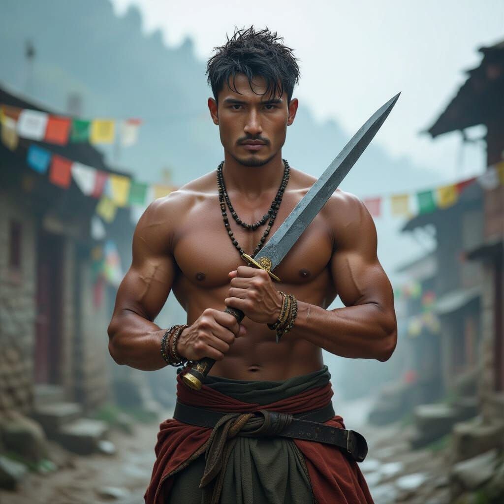 Nepali Man with Khukuri in Misty Himalayan Village