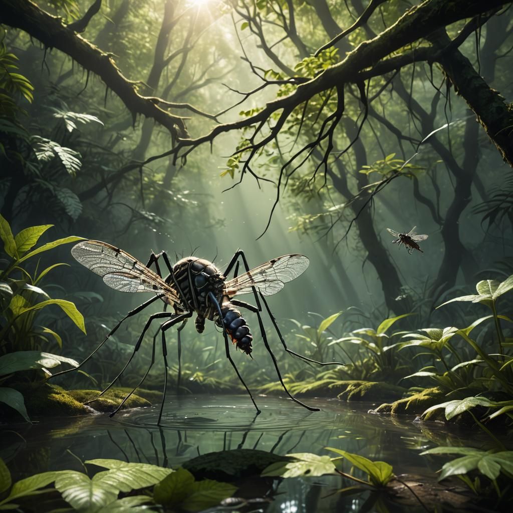 Detailed Macro Photograph of Tiger Mosquito Feeding