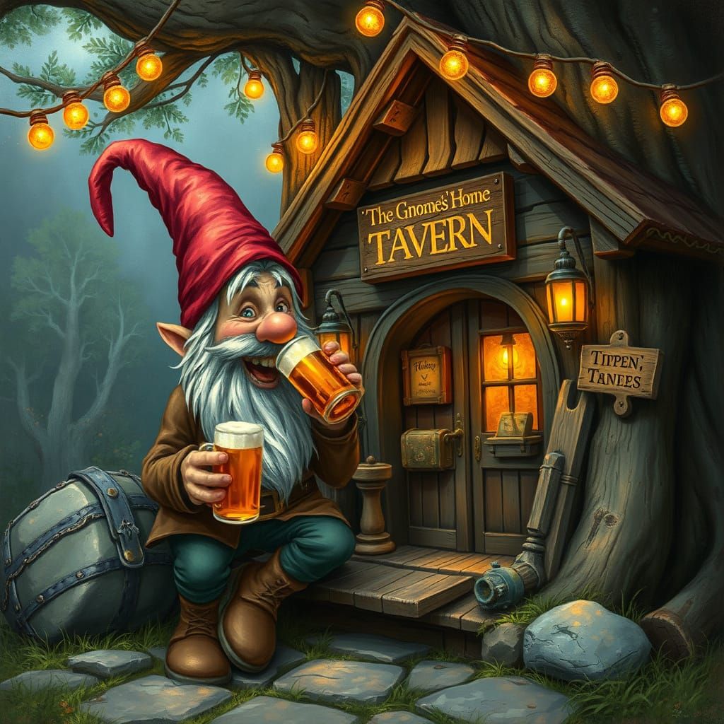A tipsy gnome drinking beer and sitting outside a tiny gnome...