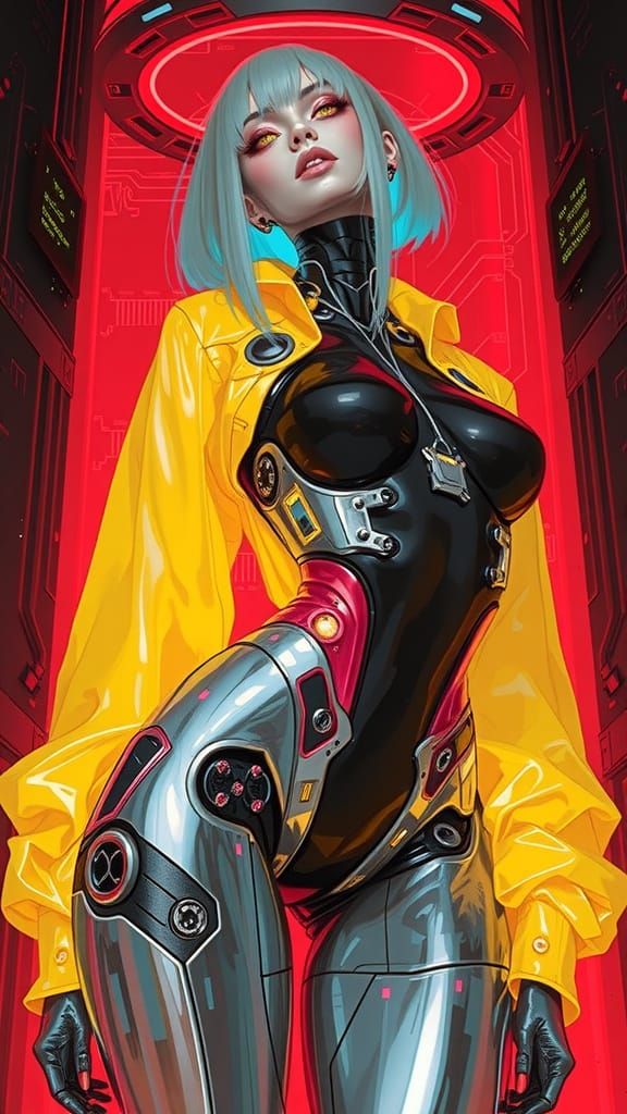 Seductive Liquid-Metal Android in Cyberpunk Scene