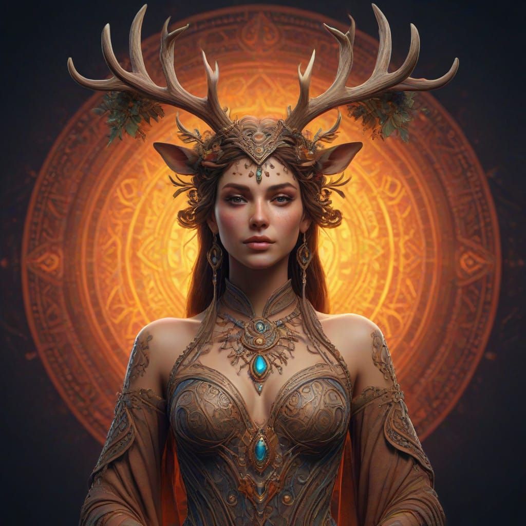 Deer Woman Goddess in Vibrant, Radial Gradient Universe