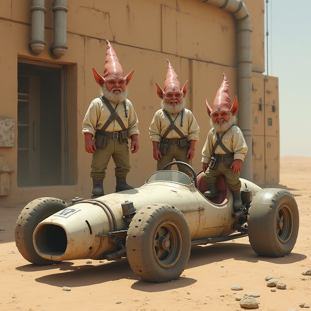Gnomes Inspecting Futuristic Race Car on Desert Planet