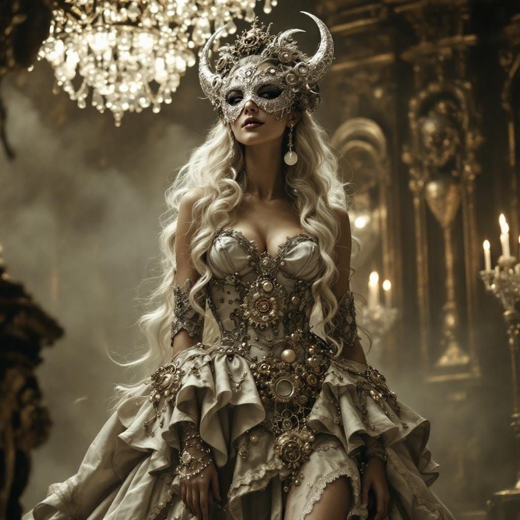 Steampunk Noblewoman in Moonlit Ballroom, Sepia Tones