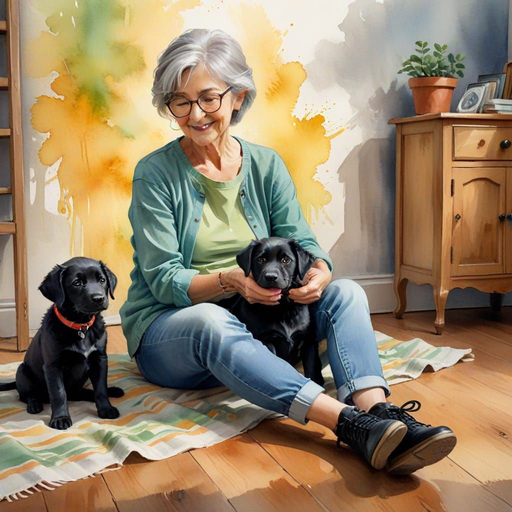 Warm Watercolor Portrait of a Happy Senior Woman with Her Bl...