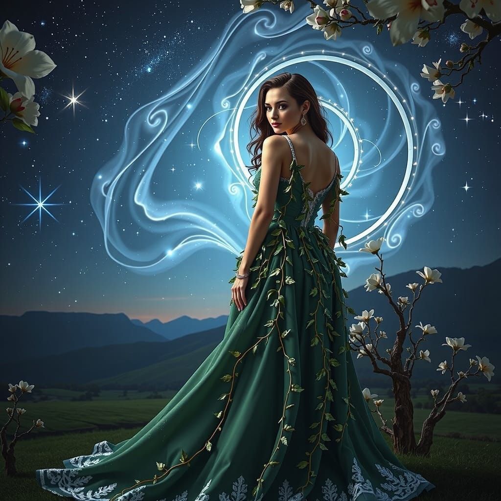 Woman in Ivy Gown Under Starry Sky, 3D Render