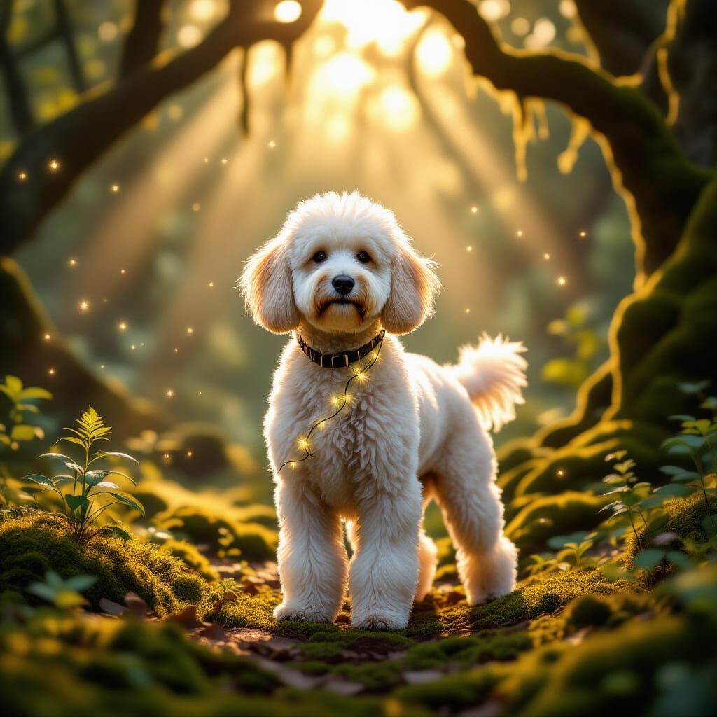 White Labradoodle with Ethereal Vines in Ancient Forest