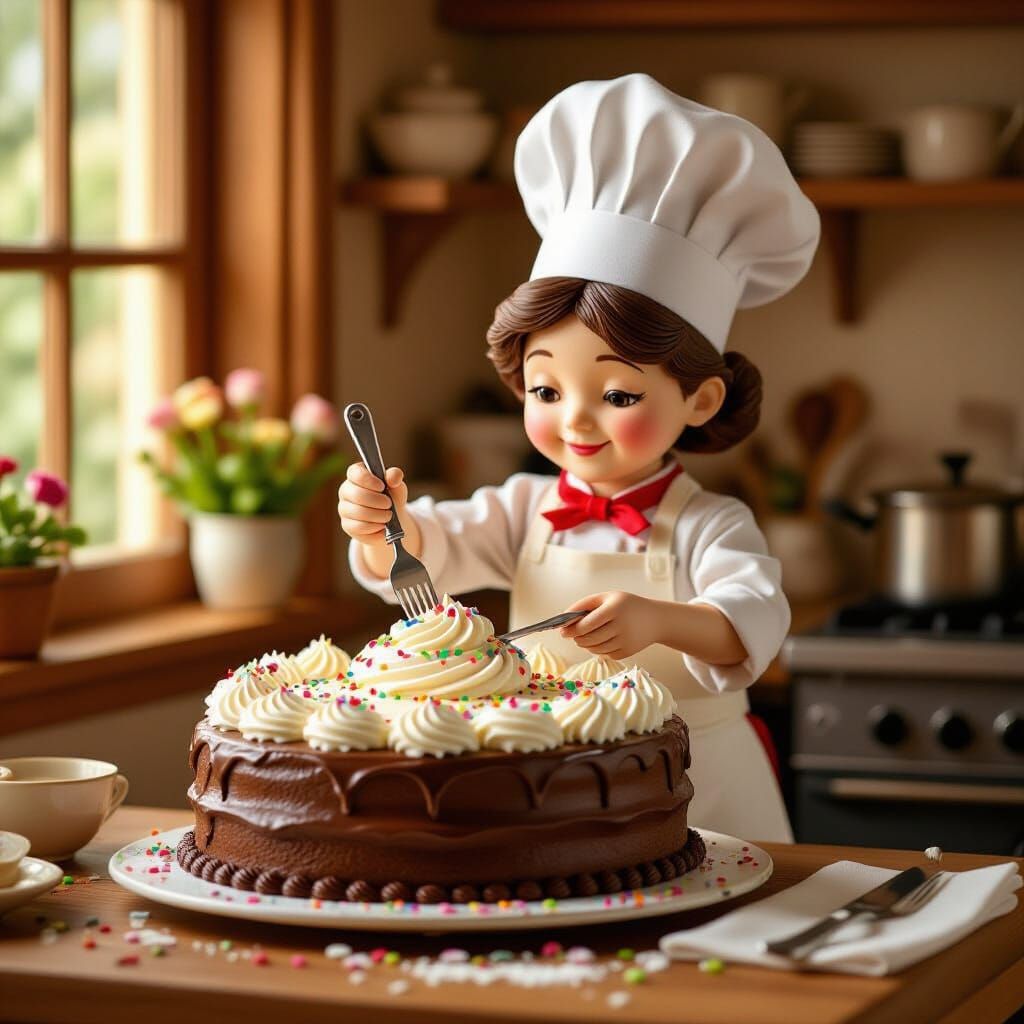 Miniature Chef Decorates Giant Cake, Whimsical Style