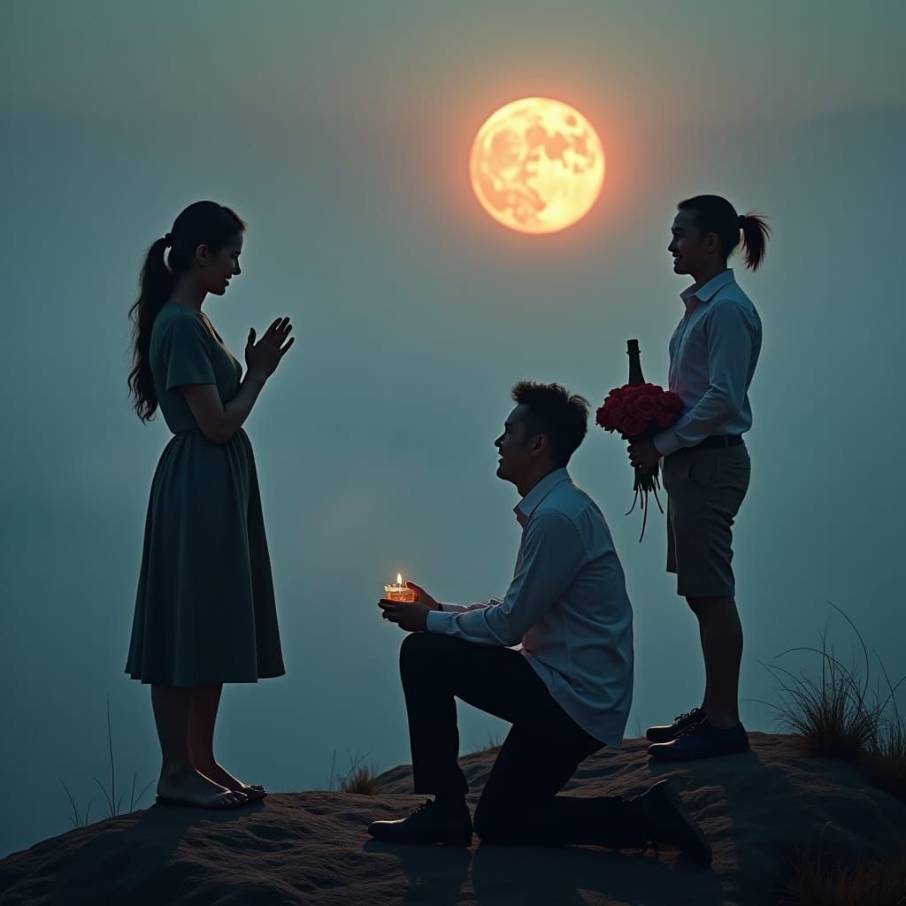 Mountain Proposal Under Full Moon in Film Noir Style